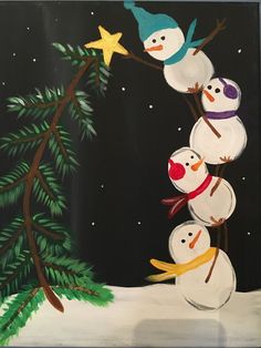 a painting of three snowmen hanging from a christmas tree with stars on the top