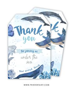 two thank cards with dolphins in the ocean