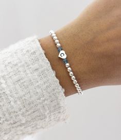 925 Sterling Silver Heart Initial Swarovski Birthstone Bracelet, Sterling Silver Stretch Bracelet, Initial Bracelet, Birthstone Bracelet - Etsy Silver Dainty Beaded Bracelets For Anniversary, Dainty Silver Beaded Bracelets For Anniversary, Dainty Sterling Silver Beaded Bracelets For Anniversary, Elegant Silver Beaded Name Bracelet, Sterling Silver Beaded Bracelets With Heart Beads, Heart Shaped Silver Beaded Bracelet For Gift, Sterling Silver Heart Beads Bracelet For Anniversary, Sterling Silver Heart Beaded Bracelets, Sterling Silver Bracelet With Heart Beads