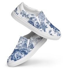 Made for comfort and ease, these Women's Slip-On Canvas Shoes are stylish and the ideal piece for completing an outfit. Equipped with removable soft insoles and rubber outsoles, it's also easy to adjust them for a better fit. *  100% polyester canvas upper side *  Ethylene-vinyl acetate (EVA) rubber outsole *  Breathable lining, soft insole *  Elastic side accents *  Padded collar and tongue *  Printed, cut, and handmade Blue Slip-on Sneakers For Spring, Spring Flat Slip-on Sneakers With Ortholite Insole, Comfortable Blue Slip-ons With Removable Insole, Blue Slip-on Sneakers With Round Toe, Blue Slip-on Sneakers With Rubber Sole, Blue Slip-on Shoes With Cushioned Footbed, Blue Slip-ons With Cushioned Footbed, Comfortable Blue Sneakers With Flat Heel, Comfortable Blue Flat Heel Sneakers