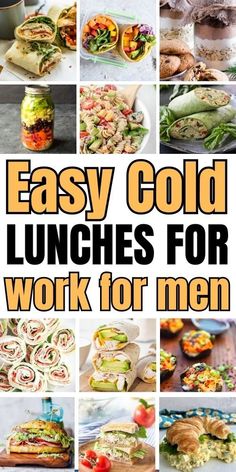 collage of easy cold lunches for work for men, including sandwiches and salads