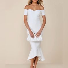 New, Never Worn Midi Dress! Perfect For Any Bridal Events! White Off-shoulder Summer Evening Dress, Summer Evening White Off Shoulder Dress, White Off-shoulder Evening Dress For Summer, White Off Shoulder Dress For Summer Evening, White Off-shoulder Maxi Dress For Evening, White Off-shoulder Evening Maxi Dress, White Midi Off Shoulder Dress For Brunch, White Midi-length Off Shoulder Dress For Brunch, White Off-shoulder Midi Dress For Brunch