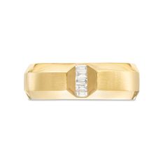 Seal your vows with a look that complements his modern taste - this baguette-cut diamond five-stone wedding band from the Vera Wang Love Collection. Created in 14K gold The center shines with five channel-set baguette-cut diamonds in a linear row. Beveled edges add subtle depth to the design. Set inside the shank, a blue sapphire is the signature of the collection and a symbol of faithfulness and everlasting love. This wedding band captivates with 1/10 ct. t.w. of diamonds. Designed for the Diamond Store®. Rectangular Baguette Diamond Wedding Ring, Luxury Baguette Ring For Formal Occasions, Modern Yellow Gold Wedding Rings With Diamond Accents, Designer Wedding Jewelry With Baguette Diamonds, Designer Jewelry With Baguette Diamonds For Wedding, Modern Gold Wedding Rings With Single Cut Diamonds, Classic Yellow Gold Wedding Ring With Baguette Diamonds, Timeless Gold Wedding Ring With Baguette Diamonds, Luxury Octagon Diamond Cut Wedding Ring