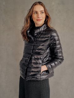 Elevated with frog button closures and bracelet sleeves, the Hayes is a sleek, sophisticated puffer you can wear from day to evening. | J.McLaughlin Women's Hayes Puffer Jacket Shiny Black, Size Small | Nylon Versatile Winter Outerwear With Button Closure, Elegant Quilted Jacket For Fall Workwear, Elegant Fall Quilted Jacket For Work, Fitted Elegant Puffer Outerwear, Elegant Long Sleeve Puffer Outerwear, Elegant Fall Puffer Outerwear, Elegant Long Sleeve Puffer Jacket, Puffer Jacket Women, J Mclaughlin