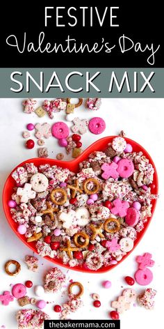 valentine's day snack mix in a heart shaped bowl