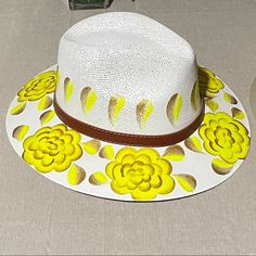 Mexican, Size L But It Adjusts To Your Head. White With Yellow & Gold Flower Design. White Floral Print Beach Hat, Handmade Yellow Sun Hat For Spring, Casual White Straw Hat For Garden Party, Handmade White Fedora For Spring, Handmade White Sun Hat For Spring, Yellow Panama Hat With Curved Brim For Spring, White Panama Hat For Spring, Yellow Curved Brim Panama Hat For Spring, White Panama Hat For Spring Garden Party