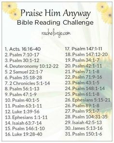 a poster with the words praise him anyway bible reading challenge