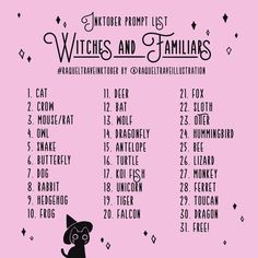 a black cat sitting on top of a table next to a pink background with the words witches and familiars