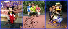 three pictures of mickey mouse and other characters with autographed on them, including the child's name