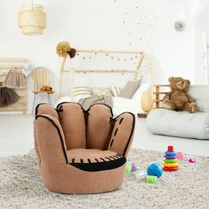 a child's room with toys and stuffed animals on the floor, including a chair