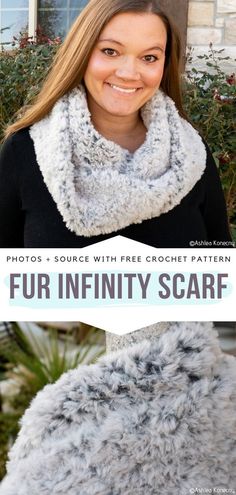 a woman wearing a scarf with the words fur in front of her, and an image of