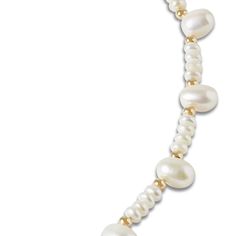 Hand strung pearl and gold bead necklace that can be worn as a long single lustrous strand or doubled up as a layered look. Handmade in New York and finished in 14 karat gold. Freshwater Pearls 14 Karat Gold 32 inches Handmade in NYC About the stone The beginnings pearls occur when an oyster, mussel, or clam attempts to soothe the part of its body when a granule enters its shell. It does this by creating a unique coating layer over the irritated area, known as a nacre. The sea animal will add layer after layer of nacre until a beautiful, glistening pearl is formed. Best known for their whimsical shapes and wide variety of sizes and colors, the character of a freshwater pearl is found in its distinctive surface texture and the warmth of its luster. Though freshwater pearls are commonly foun Gold Pearl Necklaces With Oval Beads, Elegant Gold Pearl Necklace With Oval Beads, Elegant Single Strand Necklace With Oval Beads, Elegant Pearl Jewelry With Oval Beads, Rondelle Pearl Necklace With Polished Beads, Elegant Double Strand Pearl Necklace With Polished Beads, Hand-strung Gold Necklaces For Weddings, Elegant Oval Bead Pearl Jewelry, Single Strand Pearl Jewelry With Oval Beads