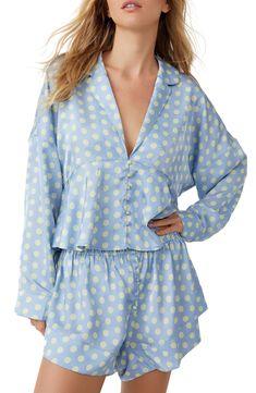 Smooth satin pajamas speak for themselves with a dropped-shoulder fit and comfy button-fly shorts. 19 1/2" front top length; 22" back top length; 3" inseam, 34" leg opening; 13" front rise; 16" back rise (size Medium) Top has front button closure; deep V-neck; notched collar; long sleeves Shorts have elastic waist; button fly 100% polyester Hand wash, line dry Imported Summer Sleepwear, Printed Pajama, Short Pajamas, Satin Shorts, Satin Long Sleeve, Beauty Sleep, Satin Pajamas, Little White Dresses, Midi Maxi Dress