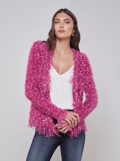 Cardigan Blazer, Fall Must Haves, Fringe Cardigan, California Lifestyle, Deep Pink, Silk Charmeuse, Fashion Plates, Fringe Trim, Open Front Cardigan