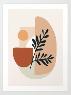 an abstract art piece with leaves and a bowl on the bottom, against a beige background