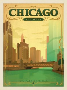 the chicago skyline is shown in this retro style poster