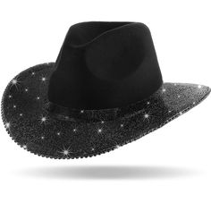 PRICES MAY VARY. Make You Stand out: the package contains 1 piece of rhinestone cowgirl hat, the wide brim design and glitter rhinestone decoration will make you the center of attention at events, its shiny finish is to turn heads under lights, making you the focus of the crowd Quality Material: the glitter cowboy hat is made of soft and comfortable felt material, comfortable to wear for long periods of time, and its sturdy construction ensures that it will last you for many events to come Glitt Cowgirl Hat With Rhinestones, Bling Cowgirl Hat, Rhinestone Cowgirl Hat, Cosplay Wedding, Rhinestone Cowgirl, Country Music Concerts, Black Cowgirl, Western Theme Party, Cowgirl Hat