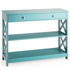 a blue wooden shelf with two drawers