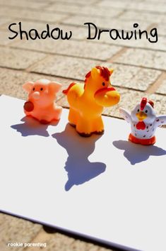 three small plastic toy animals sitting on top of a white sheet with the words shadow drawing