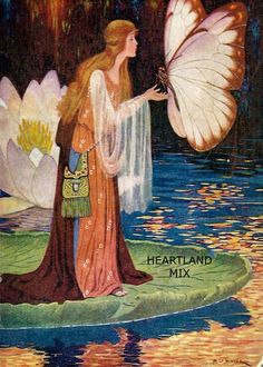 a fairy holding a butterfly on top of a lily pad with water in the background