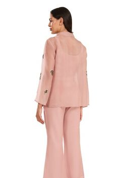 Pink jacket with front tie-ups and floral, beaded hand embroidery. Paired with an inner top and pant. - Aza Fashions Spring Silk Fitted Pant Set, Fitted Embellished Pant Set For Spring, Fitted Embroidered Pant Set For Spring, Embellished Long Sleeve Pant Set For Spring, Embellished Pant Set For Spring Wedding, Embellished Pant Set For Wedding, Silk Pant Set With Floral Embroidery For Spring, Spring Embellished Long Sleeve Pant Set, Spring Embroidered Fitted Pant Set