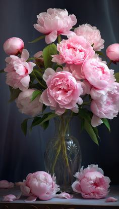 a vase filled with pink flowers sitting on top of a table next to a pile of petals