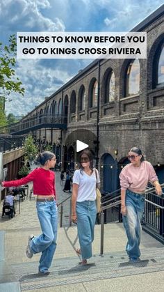 three people are walking up the stairs to an old train station with text that reads things to know before you go to kings cross river