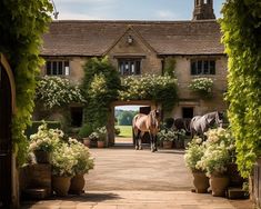 two horses standing in front of a building with flowers and plants on either side of it