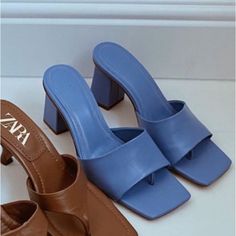 Brand New With Tags ! Never Worn. Authentic Leather. Zara Size 40 = Us 9 Heel Height = 3” Blue Mules For Summer Evenings, Trendy Blue Pointed Toe Sandals, Elegant Blue Mules For Spring, Trendy Blue Open Toe Mules, Blue Mules With Sculpted Heel For Spring, Blue Mules With Stacked Block Heel, Blue Mules With Sculpted Heel For Party, Blue Square Toe Mules For Summer, Chic Blue High Heel Sandals