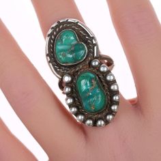 sz7.5 Vintage Native American sterling and carved turquoise ring 44mm long 15.2
grams. Unmarked, circa 50's-60's.

All precious metals are tested and guaranteed, any Native American jewelry
referred to as Silver or Sterling is guaranteed to be a minimum of 90% (coin)
silver and possibly higher content. Anything marked is guaranteed to be what
it's marked, most bracelets are photographed on a 6" wrist (non hairy), rings
photographed on the appropriate sized finger when possible. With bracelets if Antique Turquoise Ring With Patina, Vintage Green Turquoise Ring With Inlay, Collectible Engraved Turquoise Ring, Vintage Green Turquoise Ring Stamped 925, Vintage Sterling Silver Turquoise Ring, Vintage Sterling Silver Turquoise Ring With Inlay, Vintage Turquoise Ring With Inlay, Vintage Turquoise Inlay Ring, Vintage Stamped 925 Turquoise Collectible Ring