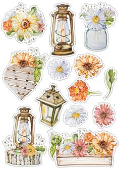 some stickers with flowers and lanterns on them