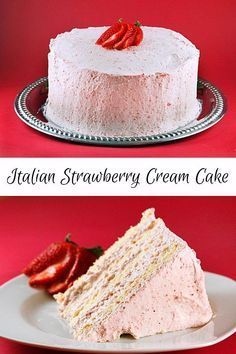 two pictures of a strawberry cream cake with strawberries on top