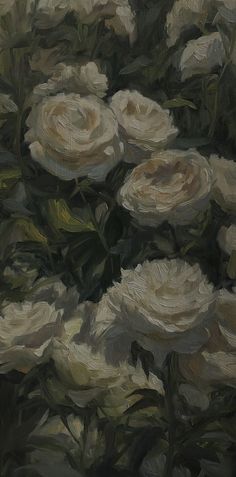 an oil painting of white roses in bloom