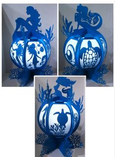 three pictures of blue and white vases with silhouettes on the top, bottom, and bottom