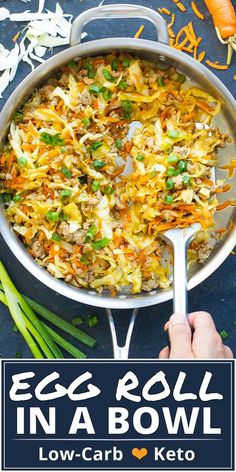 an egg roll in a bowl with carrots and celery on the side