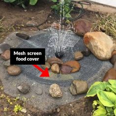 a garden pond with rocks and mesh netting around it