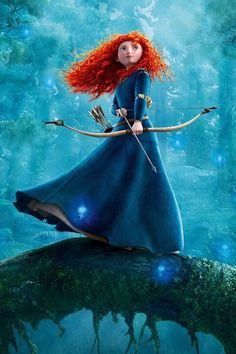 merida from brave with bow and arrow standing on the edge of a cliff in front of trees