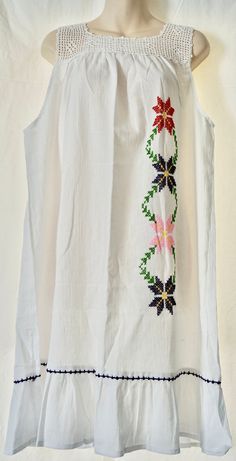 This is an Authentic Turkish hand sewed loose flowy women summer dress made with 100% cotton. Made from a special handmade garment in Turkey for over 150 years called "Sile Bezi".  + It's a shoulder strap white dress with red/pink and black Turkish flower motifs.  + For best fit please see below for fit measurements + Please note that the dress comes with special washing instructions. It's perfect for hot summer days. It's very light and airy. Can be dressed at the beach or casually during days Summer Cotton Sundress With Floral Embroidery, Handmade Spring Tunic Dress, Handmade Cotton Summer Dresses, Handmade Tunic Dress For Spring, Peasant Style Sleeveless Summer Dress, Summer Sleeveless Peasant Dress, Sleeveless Peasant Summer Dress, Bohemian Cotton Sundress With Floral Embroidery, Summer Embroidered Cotton Sundress