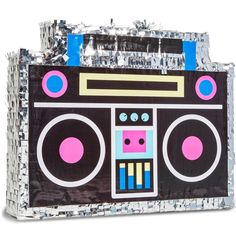 a handbag made out of tin foil with a boombox design on the front