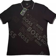 New Hugo Boss Polo Shirt L Slim Fit 3 Button Pima Cotton Black Wordmark Chest: Aprox. 21.5 Inches From Armpit To Armpit (This Very High Quality, Soft Pima Cotton Has A Good Amount Of Natural Stretch) No Returns - No Refunds - No Cancellations Designer Black Polo Shirt For Work, Designer Black Tops With Button Closure, Boss Polo Shirt, Hugo Boss Polo, Boss Shirts, Boss Black, Pima Cotton, Hugo Boss, Casual Shirts