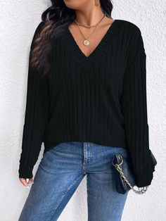 Plus Size Solid V-Neck Long Sleeve Minimalist Sweatshirt, Casual Daily Wear Black Casual  Long Sleeve Knitted Fabric Plain Pullovers Slight Stretch  Women Plus Clothing, size features are:Bust: ,Length: ,Sleeve Length: Sherpa Pullover, Leg Sleeves, Estilo Hip Hop, Kids Sleepwear, White Casual, Inspiration Mode, Long Sleeve Knit, Womens Fall, Wearing Black