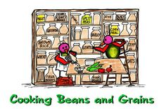 two people are cooking beans and grains in front of a shelf full of milk bottles