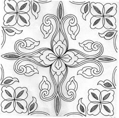 a drawing of a cross with leaves and swirls on the side, in black and white