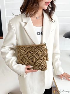 BirdinBag - Crochet Bag with Elegant Tassel Embellishment Travel Clutch Bag With Tassels, Trendy Rectangular Crochet Bag With Tassels, Beige Macrame Shoulder Bag, Vacation Tassel Clutch Bags, Beige Fringe Pouch Bag, Beige Macrame Straw Bag, Chic Macrame Rectangular Shoulder Bag, Beach Clutch Bag With Tassels, Rectangular Macrame Bag