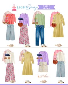 Light Spring Color Palette Outfits Capsule Wardrobe Fall, Light Spring Color Palette Outfits Fall, Sunlit Summer Color Palette Outfits, Trendy Colorful Spring Cardigan, Light Spring Color Palette Outfits