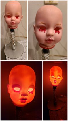 three different images of a creepy doll with blood on it's face and head