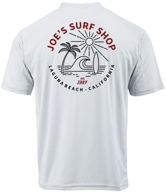 Joe's Surf Shop Beach Life Graphic Workout Tee Summer Outdoor Activewear With Crew Neck, Graphic Print Top For Beach Season, Summer Outdoor Activewear With Short Sleeves, Short Sleeve Activewear For Outdoor Summer Activities, White Relaxed Fit Camp Shirt For Outdoor, Sporty Summer T-shirt For Outdoor Activities, White Logo Print Top For Outdoor, Casual Moisture-wicking Tops For Beach Season, Summer Moisture-wicking Tops