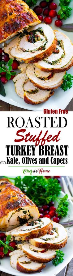 roasted turkey breast on a white plate with cranberries and parsley