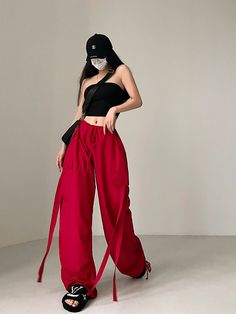 Brand: other/other Size: S M L style: street Street: Europe and America color type: red Season of the Year: Fall 2022 Length: trousers Women's pants type: Wide leg pants Material composition: other materials Tassel Pants, Sportwear Outfit, Red Cargo Pants, Red Pants Outfit, Winter Palette, Spring Outfits For School, Red Outfits, Concert Fit, Red Season