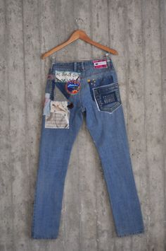 "Ready to send:Size-34,33,32,31 unique vintage jeans\" lee cooper\" One of a kind.. Hand made embroidery and unique patches. ---Or---- Made to order, in any size, within 2 working days . If you need different size, please send me a message and I will make you a special and unique design within 2 working days. They are all different! No one will have the same one as you have! Hand painted, one of kind jeans. You pick your size, model (slime- boyfriend- high waist- low waist) and primer color and Hippie Fitted Denim Jeans, Vintage Straight Leg Bottoms With Collage Stitching, Vintage Bottoms With Collage Stitching And Straight Leg, Vintage Straight Leg Jeans With Collage Stitching, Vintage Straight Leg Upcycled Jeans, Vintage Denim Jeans With Collage Stitching, Vintage Upcycled Straight Leg Jeans, Vintage Jeans With Collage Stitching, Bohemian Jeans